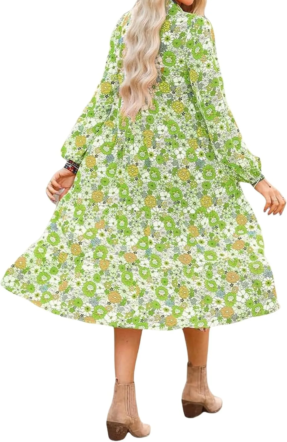 Women's Casual Boho Floral Print Dress V Neck Ruffle Sleeve Maxi Dress Loose Fit Beach Dresses Sundresses for Summer
