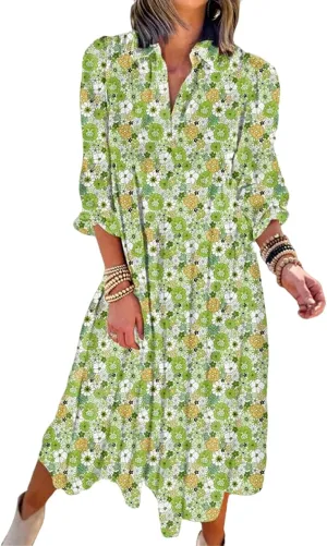 Women's Casual Boho Floral Print Dress V Neck Ruffle Sleeve Maxi Dress Loose Fit Beach Dresses Sundresses for Summer