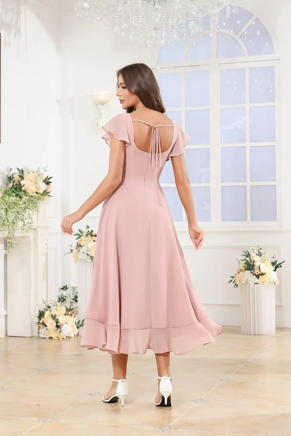 Women's Chiffon Bridesmaid Dresses Long Split Ruffle Sleeves A Line Formal Evening Dress