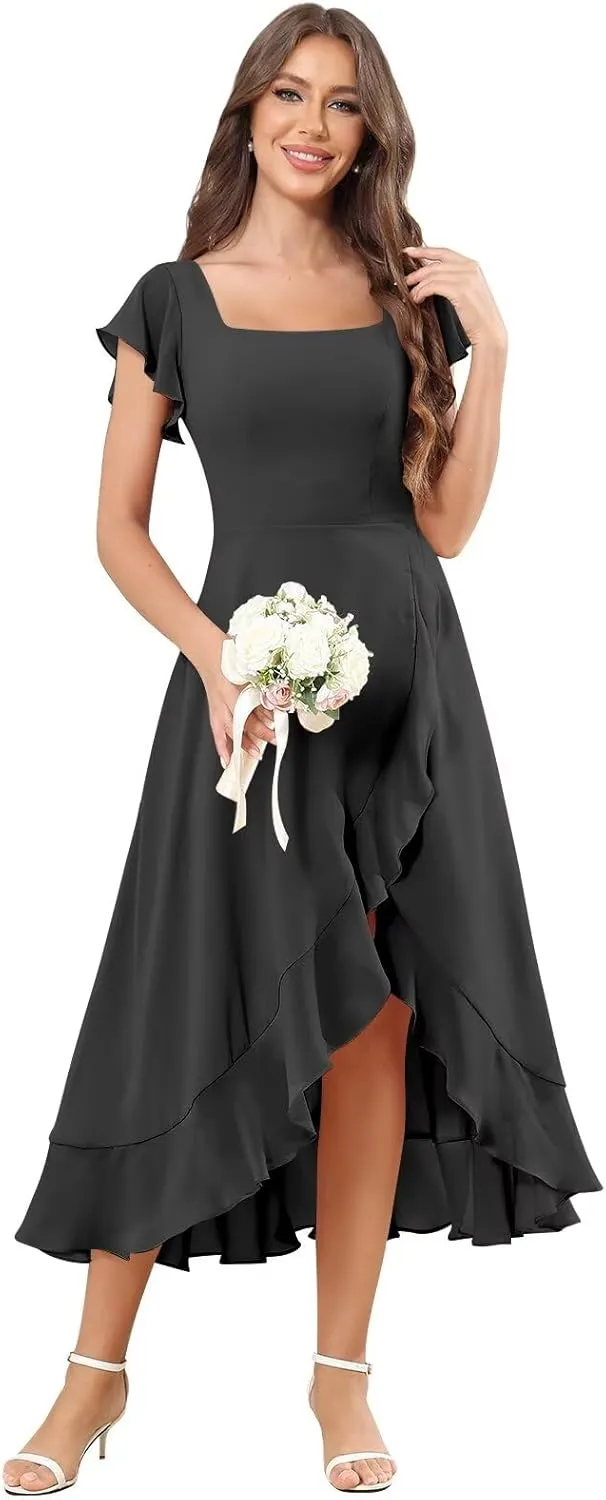 Women's Chiffon Bridesmaid Dresses Long Split Ruffle Sleeves A Line Formal Evening Dress