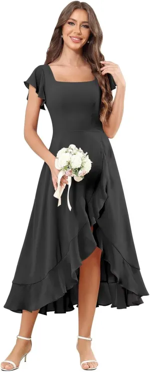 Women's Chiffon Bridesmaid Dresses Long Split Ruffle Sleeves A Line Formal Evening Dress