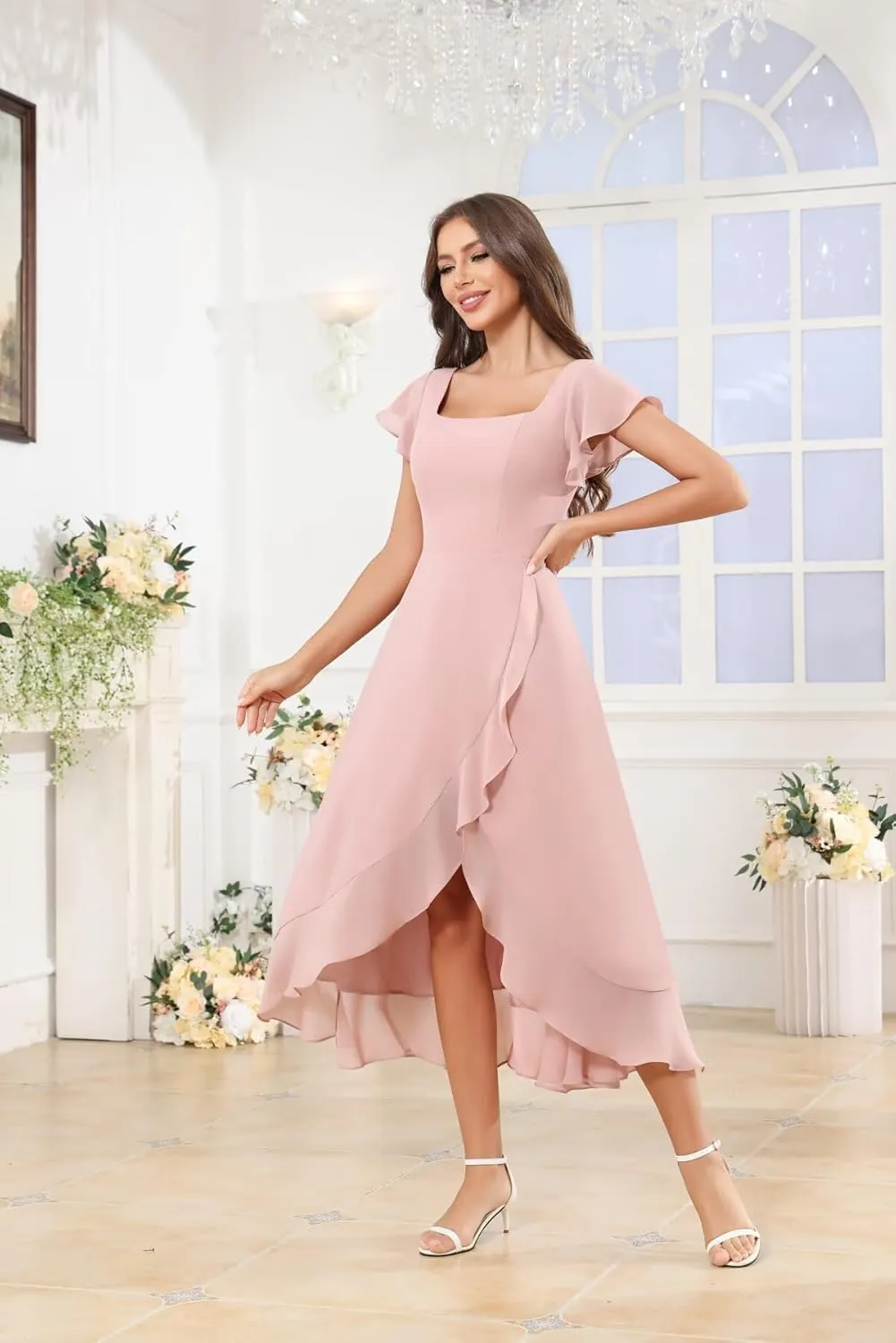 Women's Chiffon Bridesmaid Dresses Long Split Ruffle Sleeves A Line Formal Evening Dress