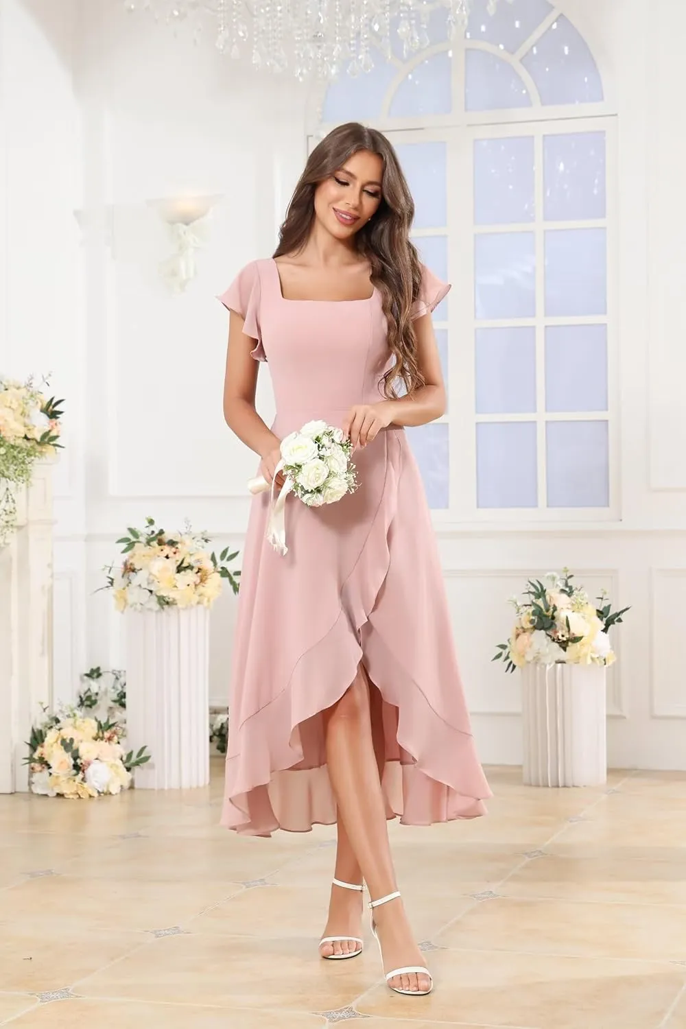 Women's Chiffon Bridesmaid Dresses Long Split Ruffle Sleeves A Line Formal Evening Dress