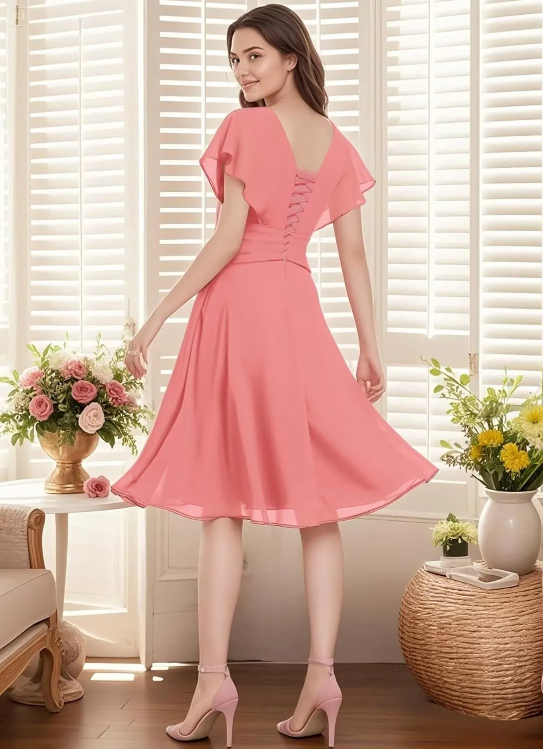 Women's Chiffon Short Bridesmaid Dresses 2025 Ruffled V Neck Short Sleeve Formal Evening Party Prom Dress with Pocket