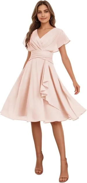 Women's Chiffon Short Bridesmaid Dresses 2025 Ruffled V Neck Short Sleeve Formal Evening Party Prom Dress with Pocket