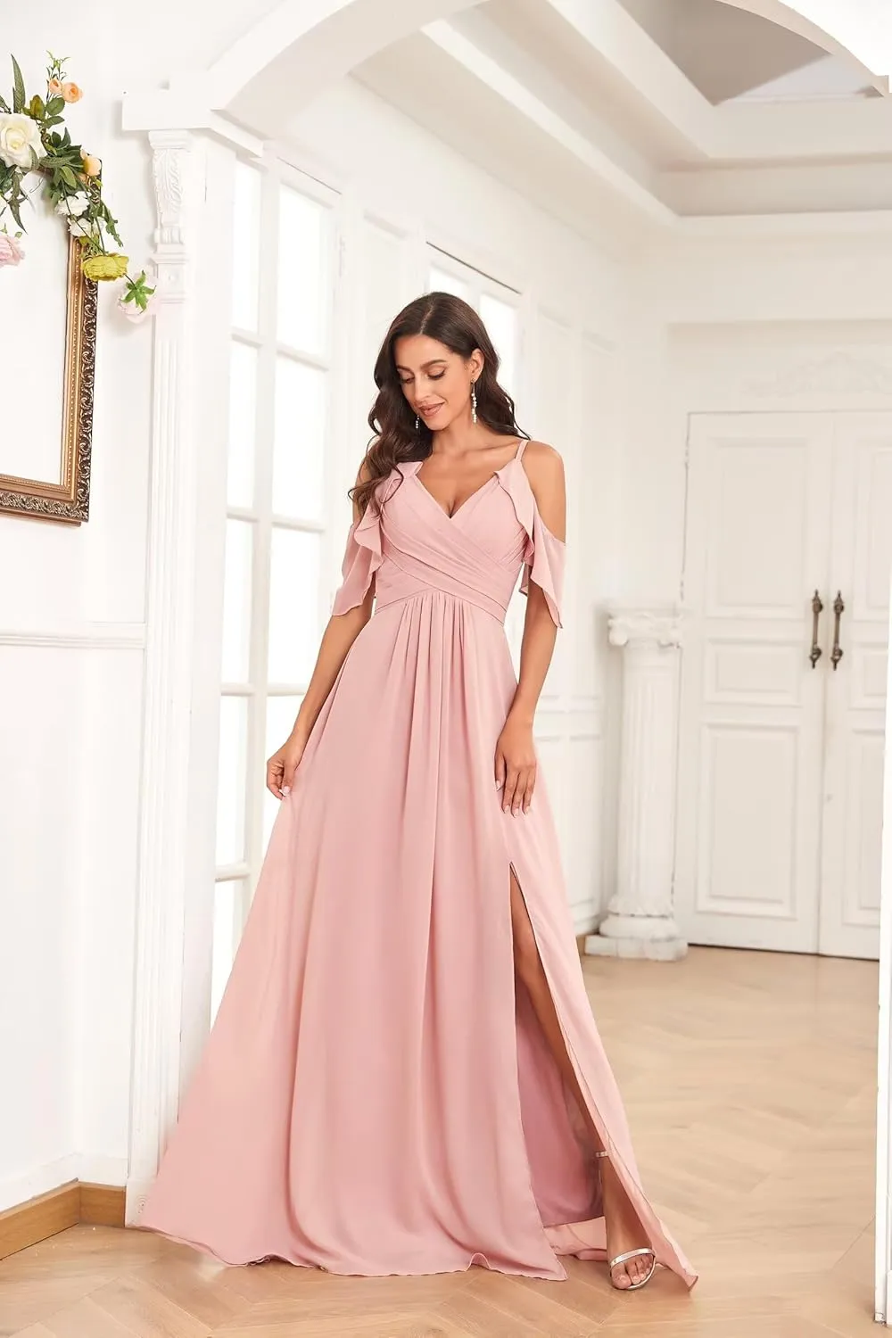 Women's Cold Shoulder Chiffon Bridesmaid Dresses for Wedding Pleated A Line Long Formal Dress with Slit