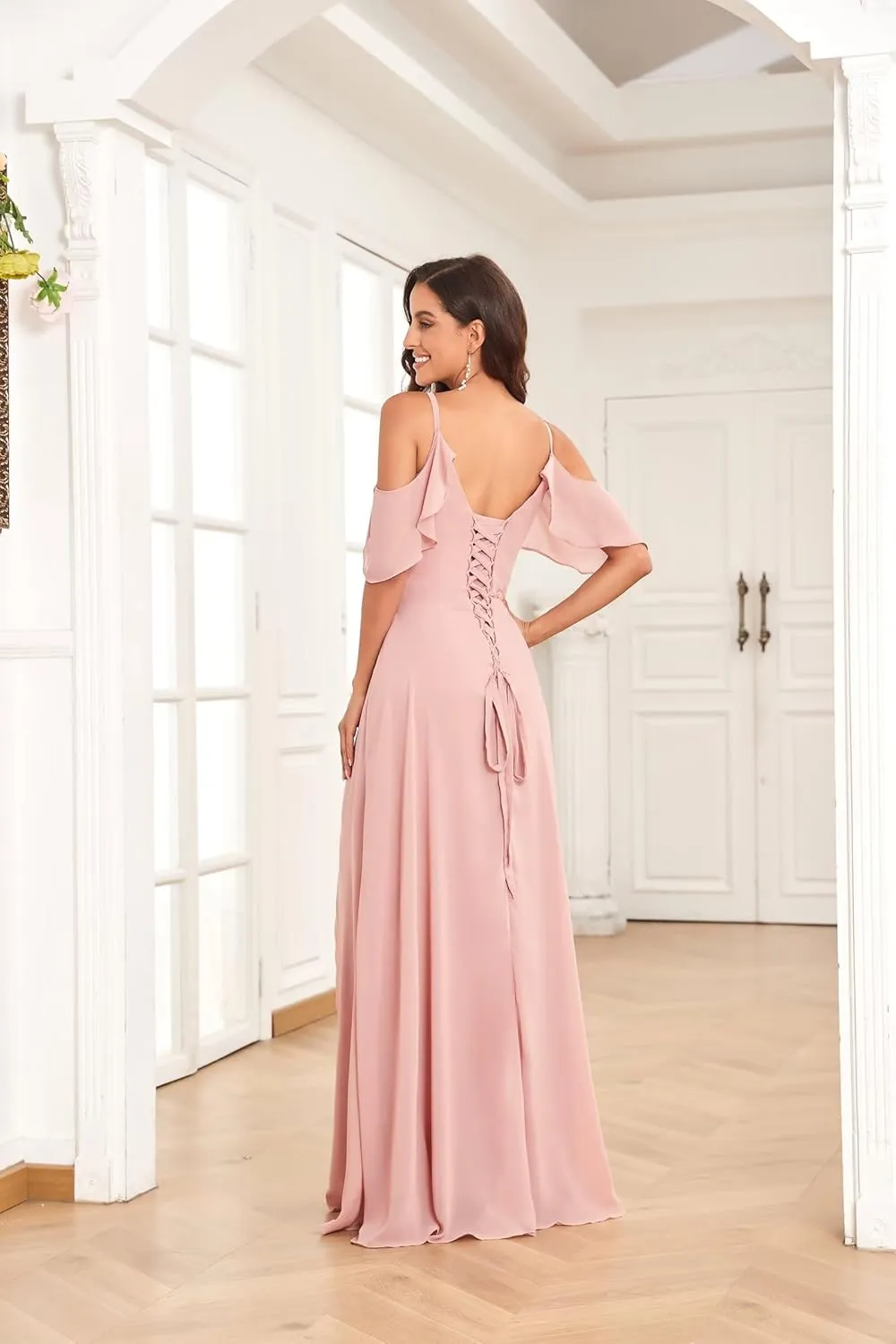 Women's Cold Shoulder Chiffon Bridesmaid Dresses for Wedding Pleated A Line Long Formal Dress with Slit