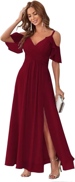 Women's Cold Shoulder Chiffon Bridesmaid Dresses for Wedding Pleated A Line Long Formal Dress with Slit