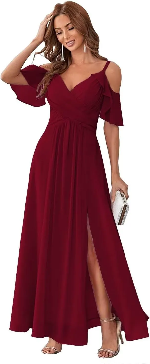 Women's Cold Shoulder Chiffon Bridesmaid Dresses for Wedding Pleated A Line Long Formal Dress with Slit