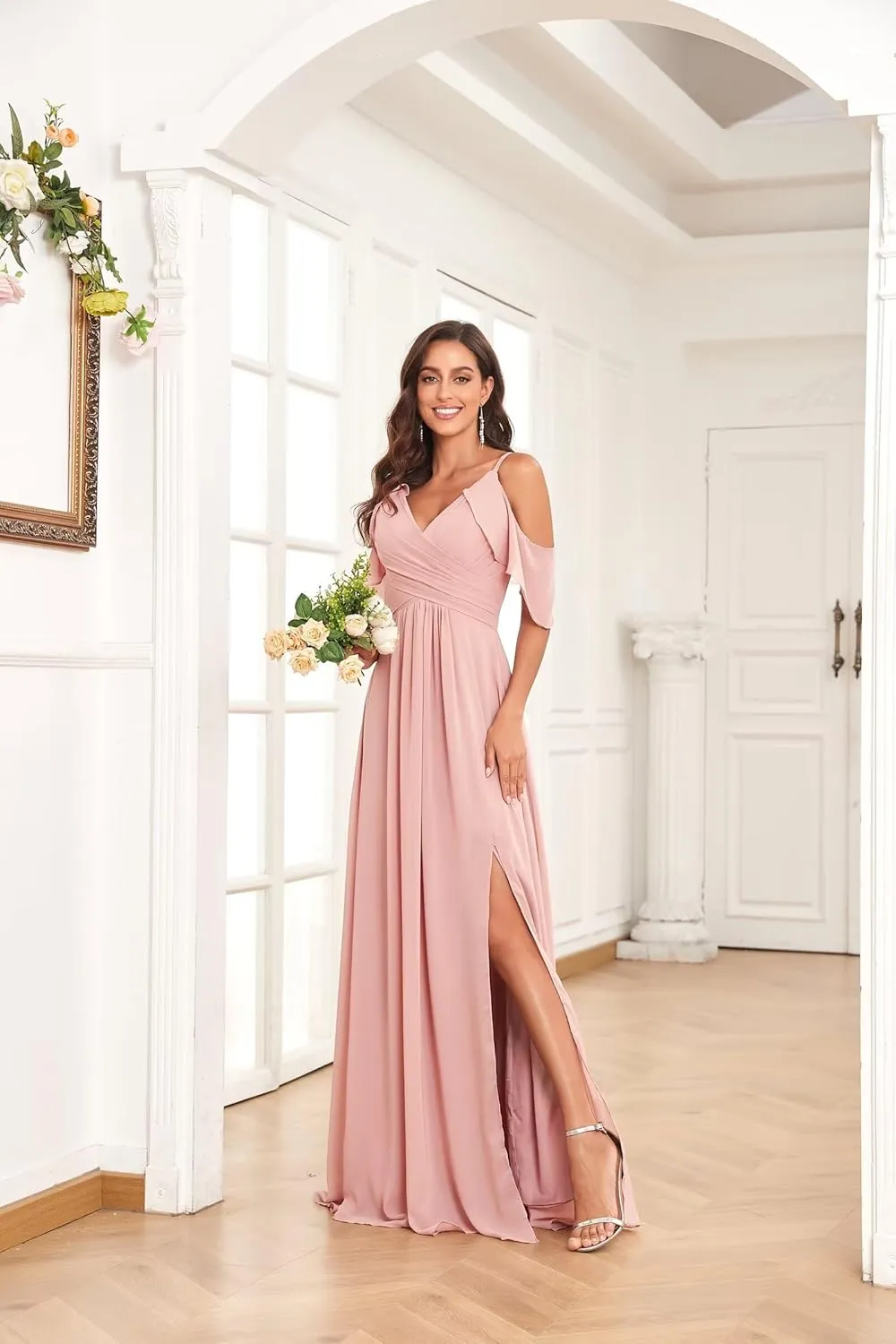 Women's Cold Shoulder Chiffon Bridesmaid Dresses for Wedding Pleated A Line Long Formal Dress with Slit