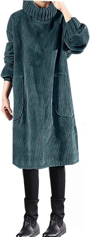 Women's Corduroy Turtleneck Long Sleeve Dress with Pockets Fall Winter Casual Loose Solid Color Midi Dresses Plus Size