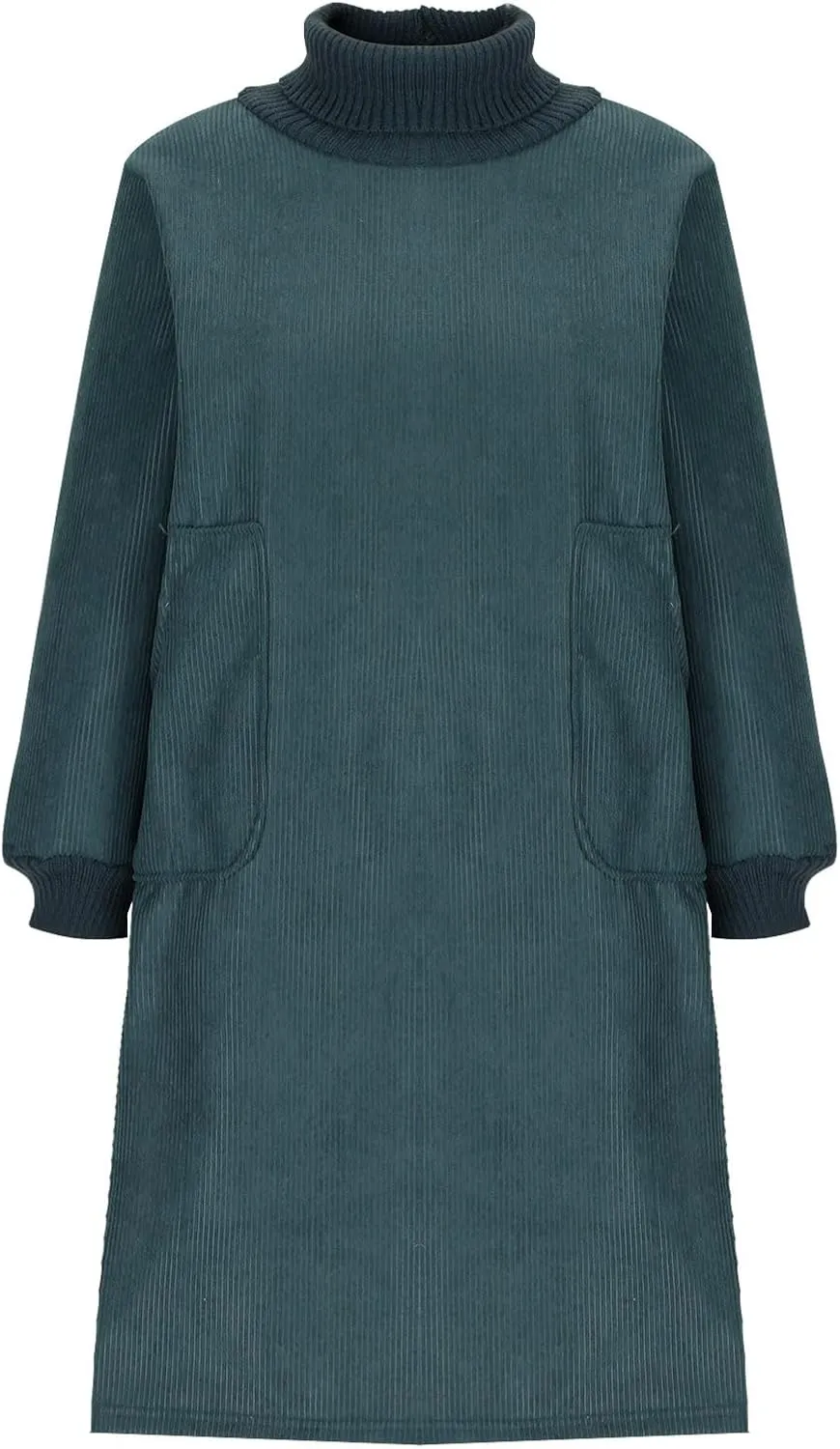 Women's Corduroy Turtleneck Long Sleeve Dress with Pockets Fall Winter Casual Loose Solid Color Midi Dresses Plus Size