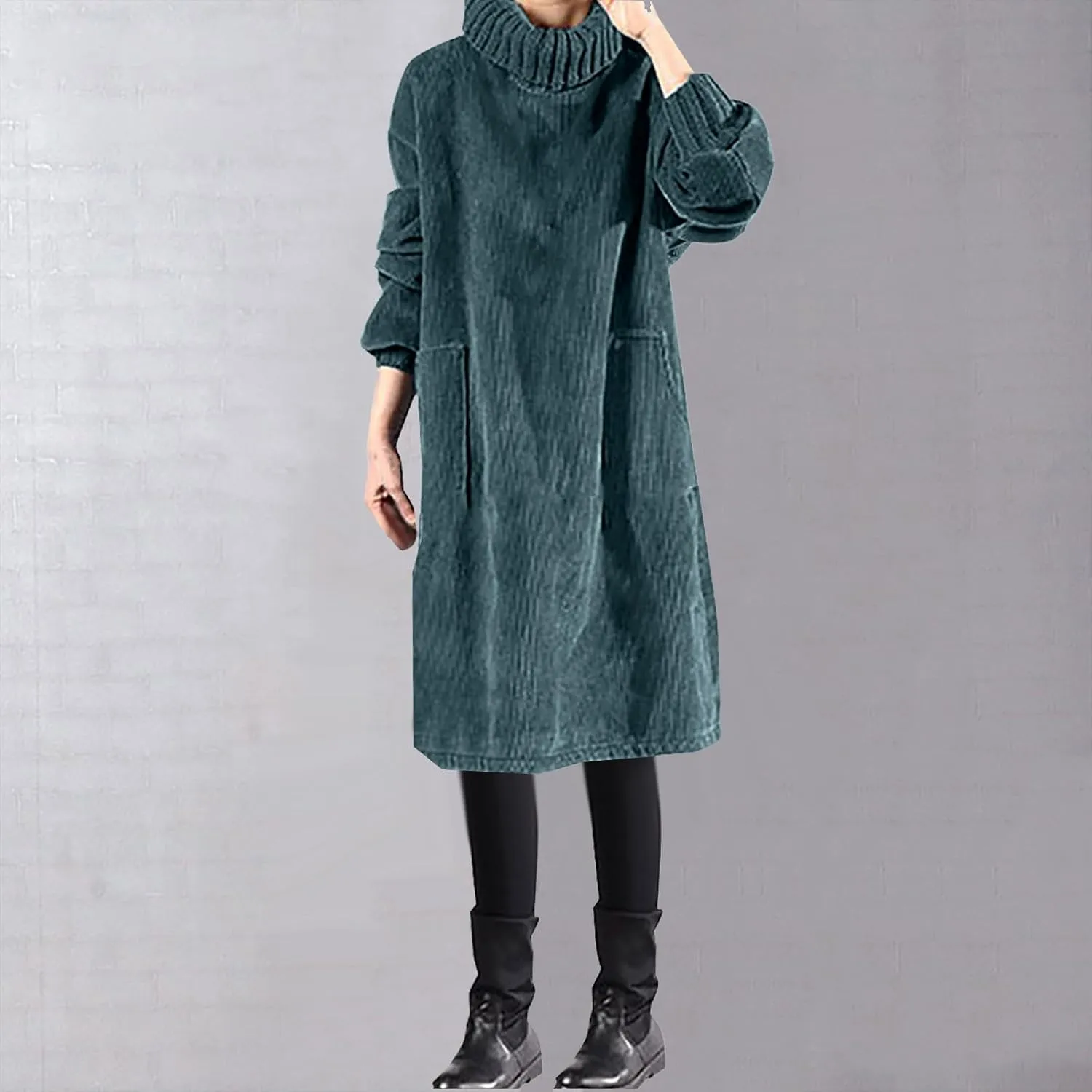Women's Corduroy Turtleneck Long Sleeve Dress with Pockets Fall Winter Casual Loose Solid Color Midi Dresses Plus Size