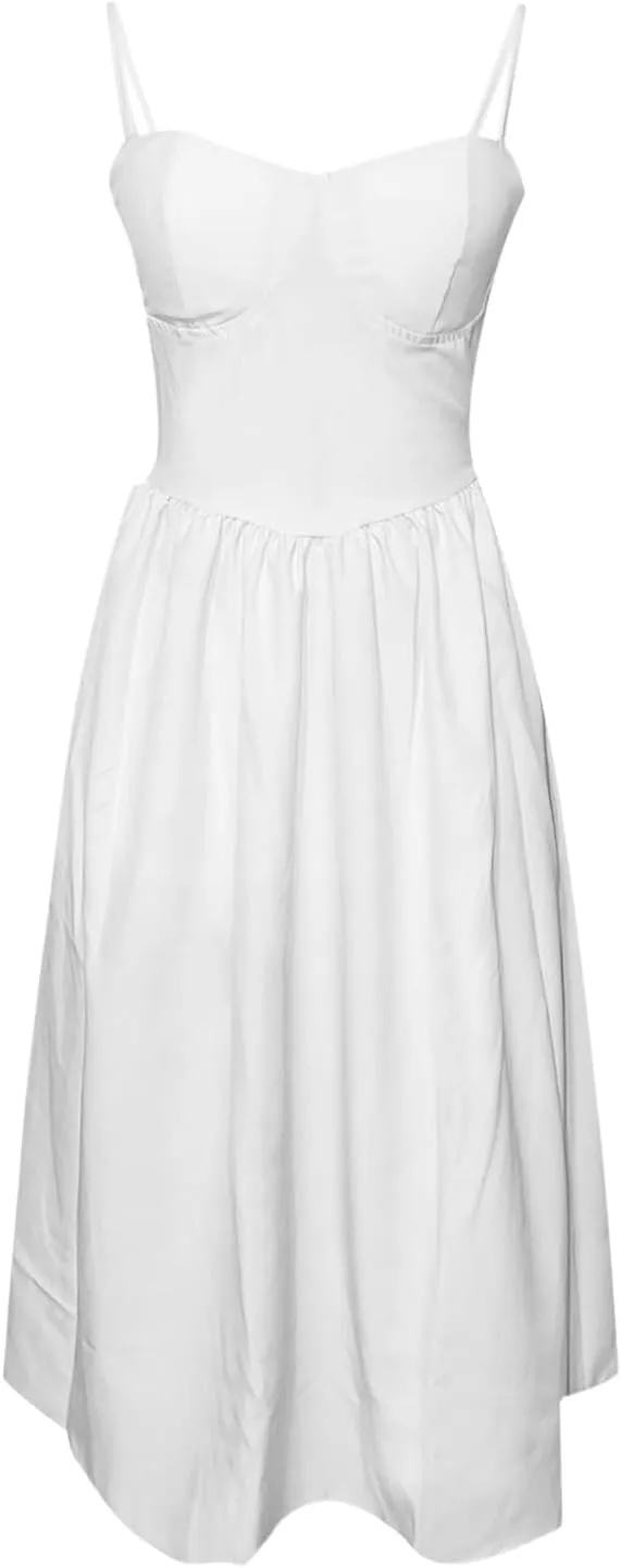 Womens Corset Dress Elegant Spaghetti Strap Bustier Midi Dress Low Cut Flowy Pleated Hem Formal Dresses with Pockets