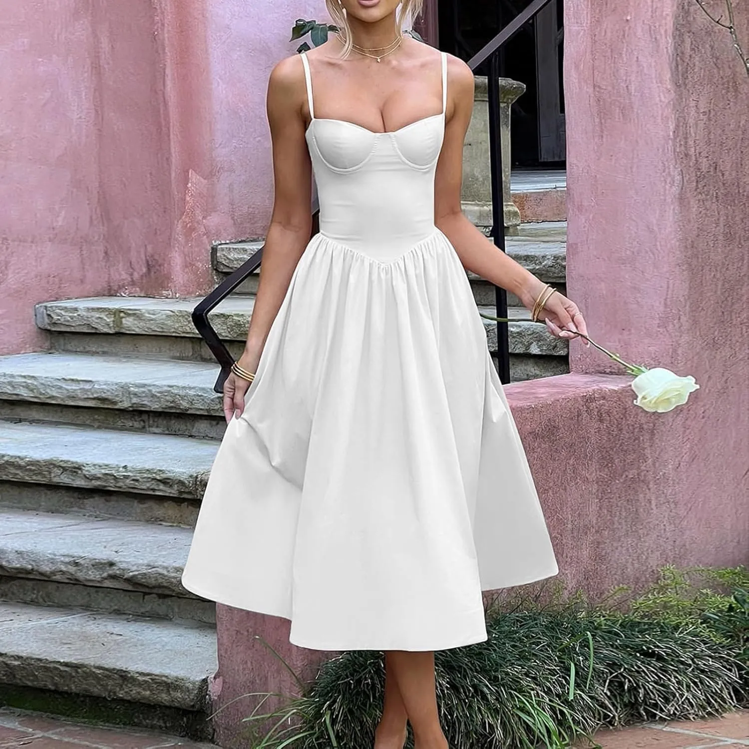 Womens Corset Dress Elegant Spaghetti Strap Bustier Midi Dress Low Cut Flowy Pleated Hem Formal Dresses with Pockets