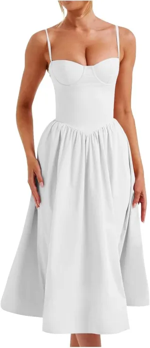 Womens Corset Dress Elegant Spaghetti Strap Bustier Midi Dress Low Cut Flowy Pleated Hem Formal Dresses with Pockets