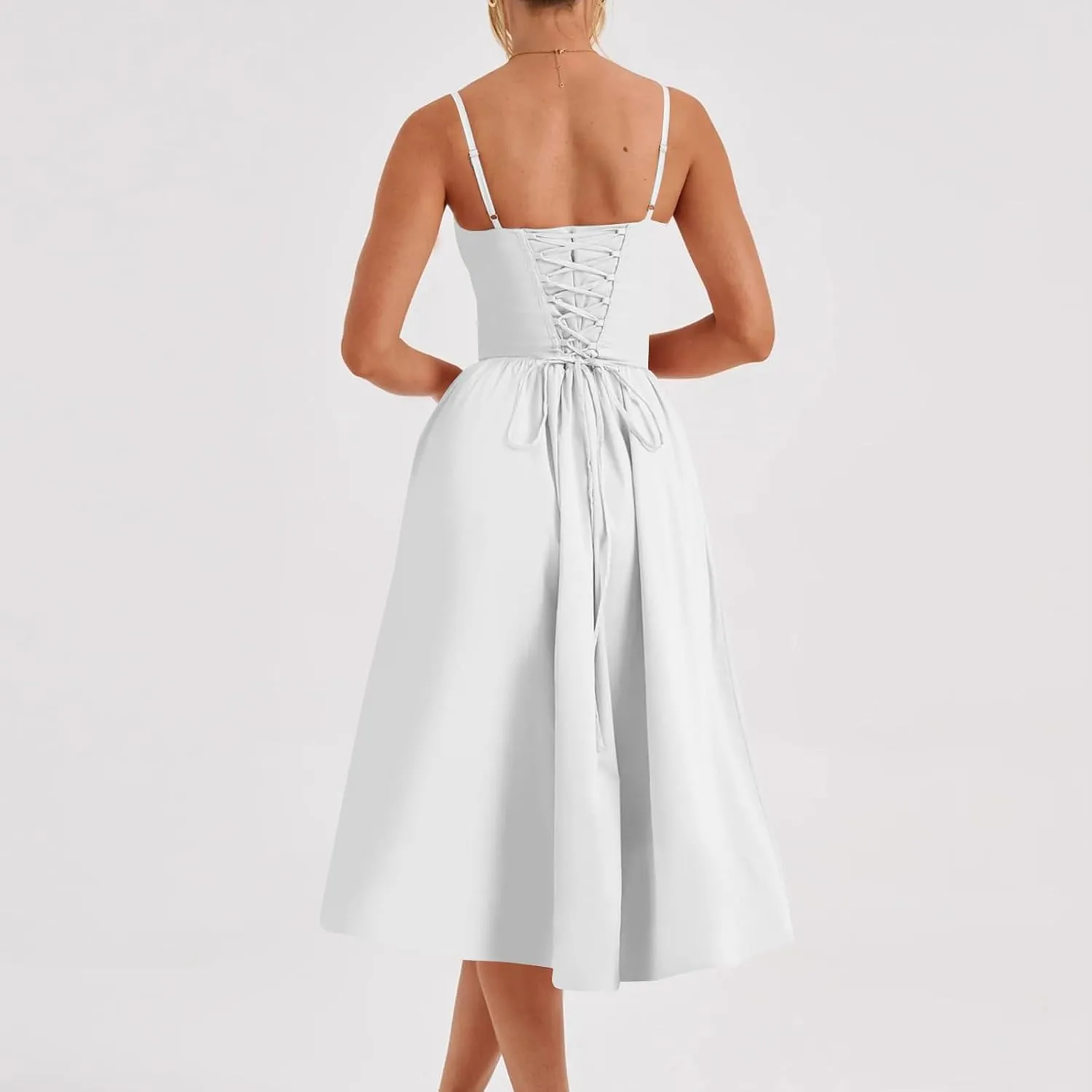 Womens Corset Dress Elegant Spaghetti Strap Bustier Midi Dress Low Cut Flowy Pleated Hem Formal Dresses with Pockets