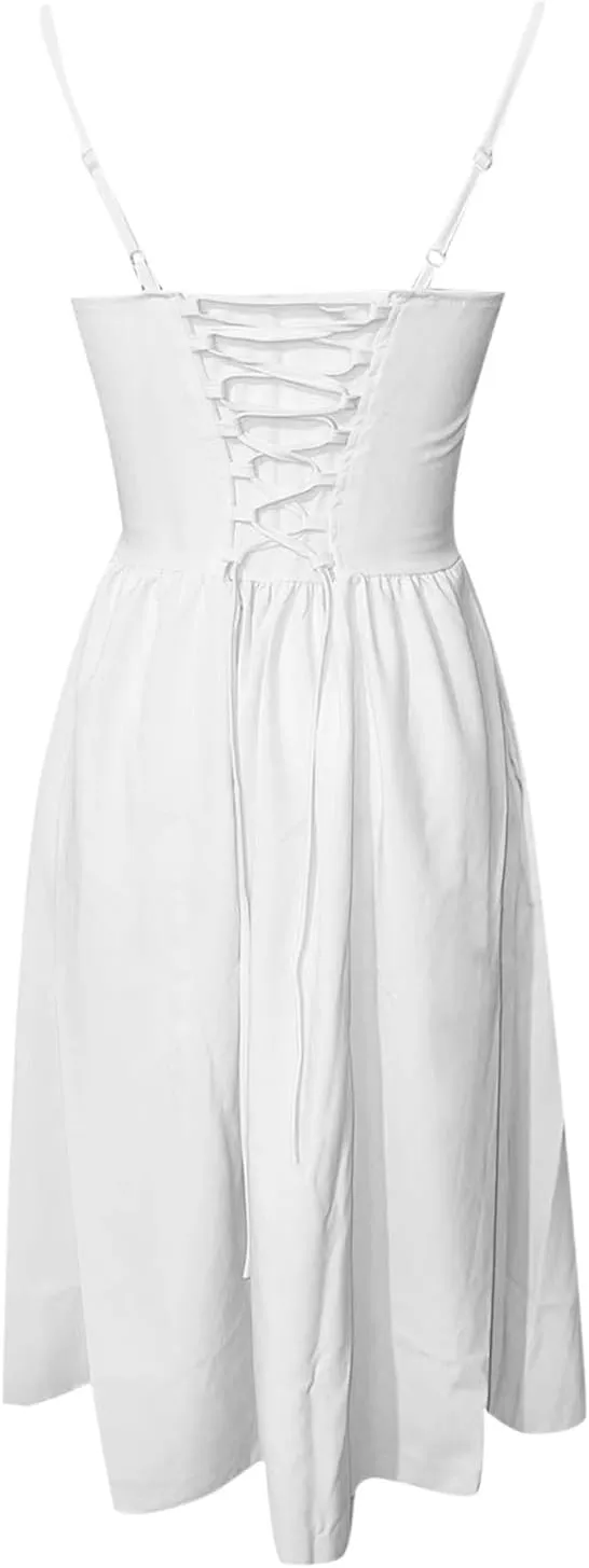 Womens Corset Dress Elegant Spaghetti Strap Bustier Midi Dress Low Cut Flowy Pleated Hem Formal Dresses with Pockets