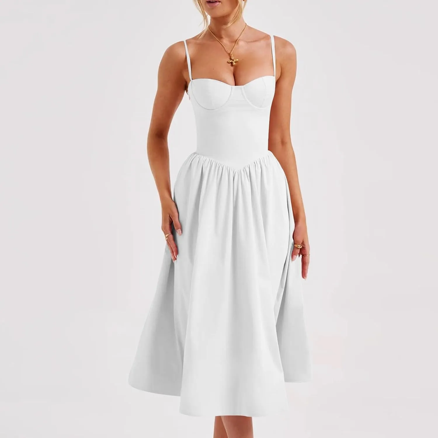 Womens Corset Dress Elegant Spaghetti Strap Bustier Midi Dress Low Cut Flowy Pleated Hem Formal Dresses with Pockets