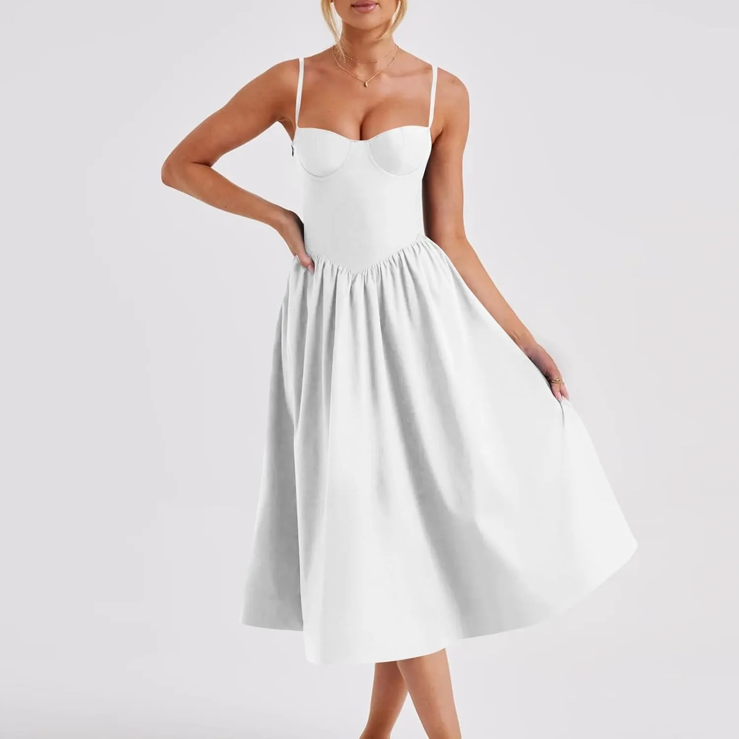 Womens Corset Dress Elegant Spaghetti Strap Bustier Midi Dress Low Cut Flowy Pleated Hem Formal Dresses with Pockets
