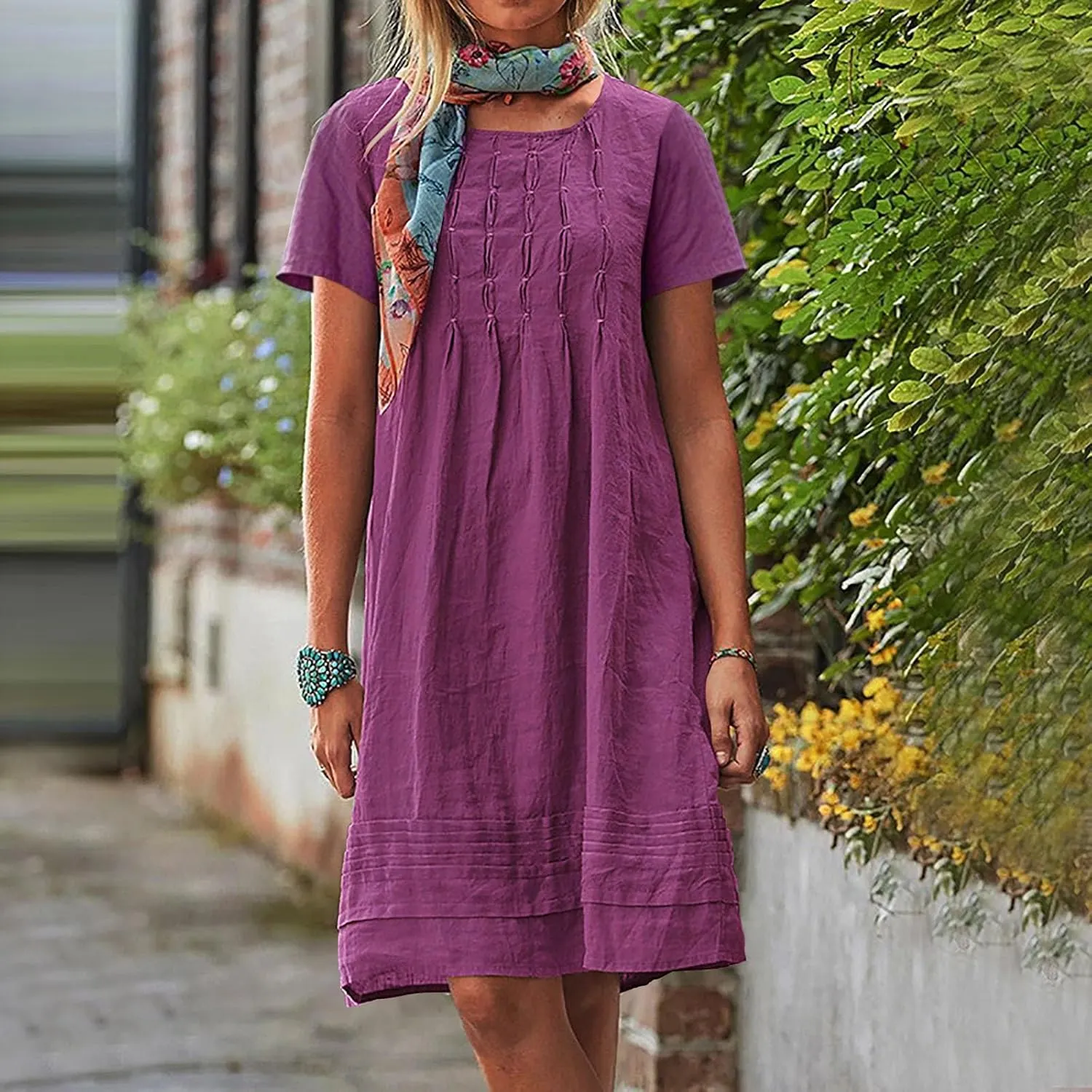Women's Cotton Linen Midi Dress Plus Size Cap Sleeve Pleated Summer Dresses Vacation 2025 Crew Neck Casual Sundress