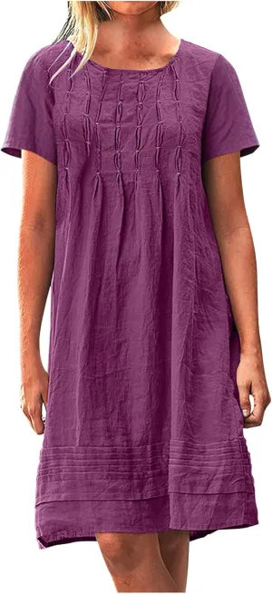 Women's Cotton Linen Midi Dress Plus Size Cap Sleeve Pleated Summer Dresses Vacation 2025 Crew Neck Casual Sundress
