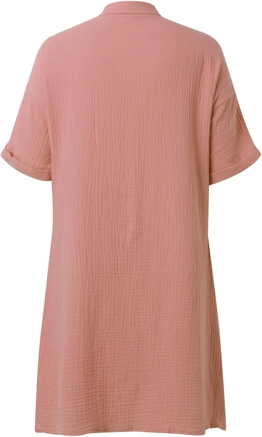 Womens Cotton Linen Shirt Dresses 2025 Summer Short Sleeve Button Down Tshirt Dress Vacation Beach Midi Dress Pockets