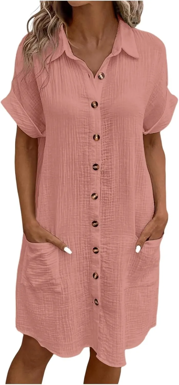 Womens Cotton Linen Shirt Dresses 2025 Summer Short Sleeve Button Down Tshirt Dress Vacation Beach Midi Dress Pockets