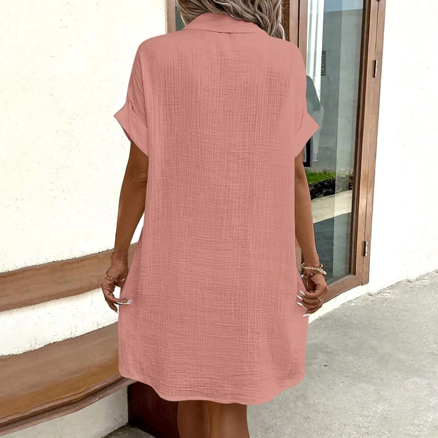 Womens Cotton Linen Shirt Dresses 2025 Summer Short Sleeve Button Down Tshirt Dress Vacation Beach Midi Dress Pockets