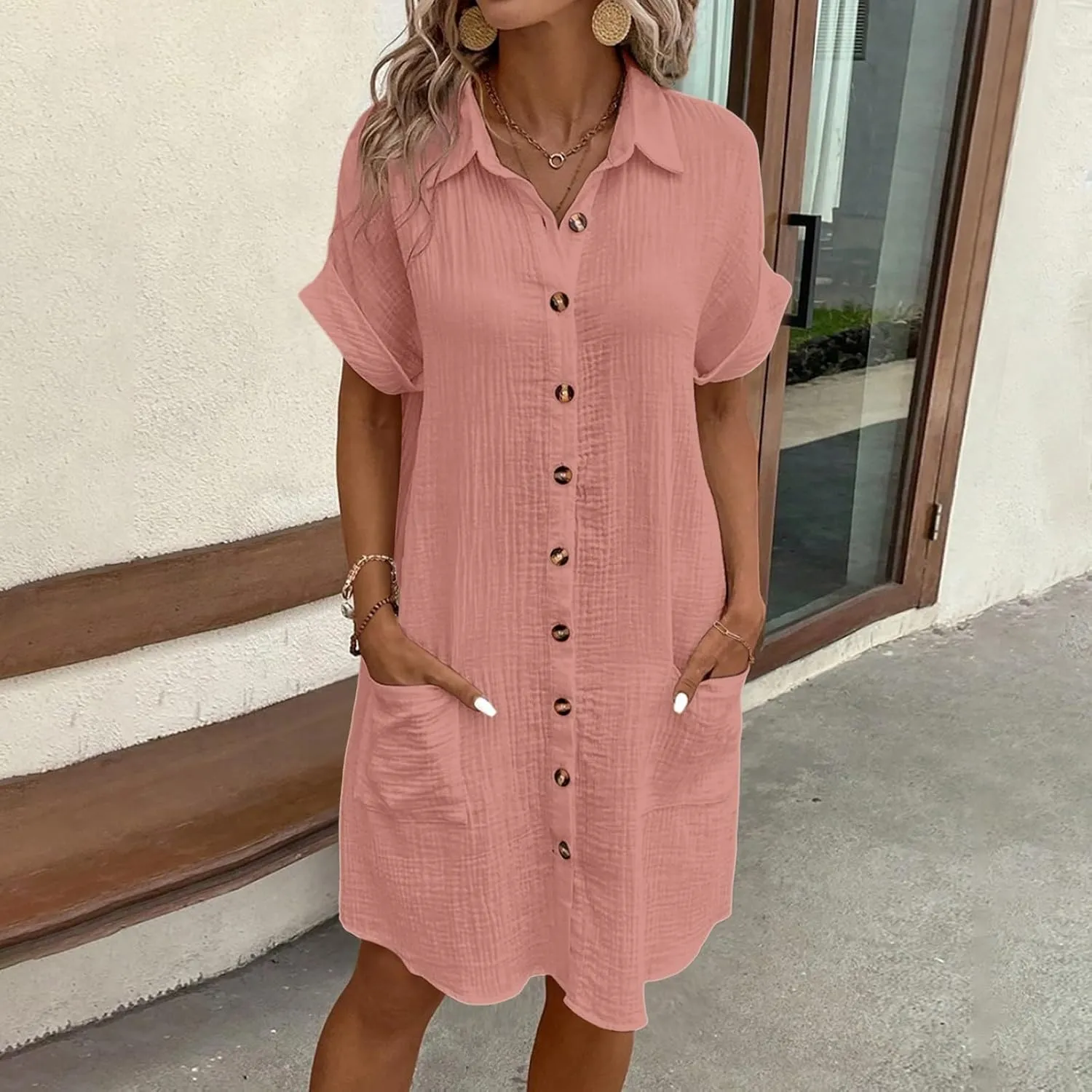 Womens Cotton Linen Shirt Dresses 2025 Summer Short Sleeve Button Down Tshirt Dress Vacation Beach Midi Dress Pockets