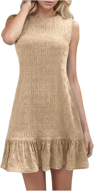 Women's Fashion Textured Tank Dress Summer Sleeveless Keyhole Back Mini Sundress Crewneck Ruffle Boho Swing Dresses