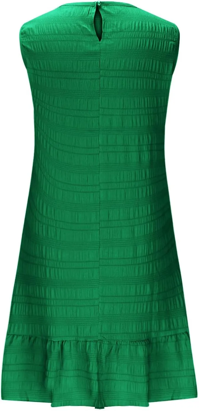 Women's Fashion Textured Tank Dress Summer Sleeveless Keyhole Back Mini Sundress Crewneck Ruffle Boho Swing Dresses
