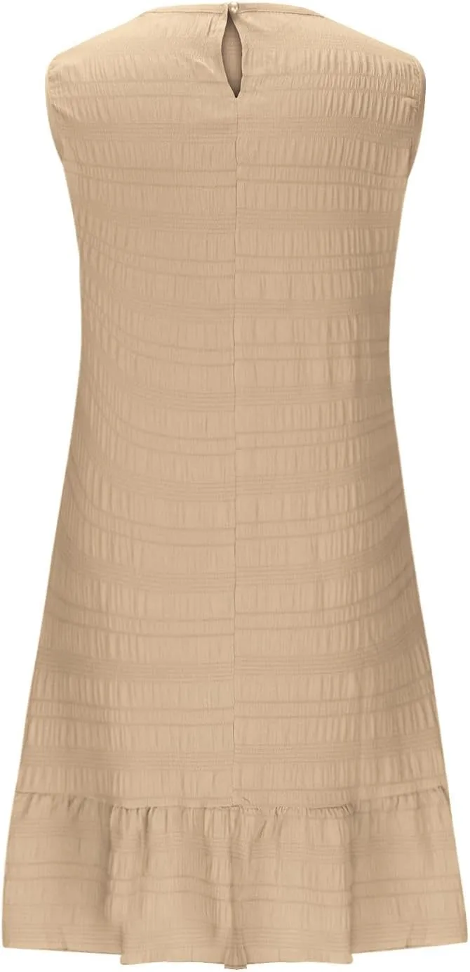 Women's Fashion Textured Tank Dress Summer Sleeveless Keyhole Back Mini Sundress Crewneck Ruffle Boho Swing Dresses