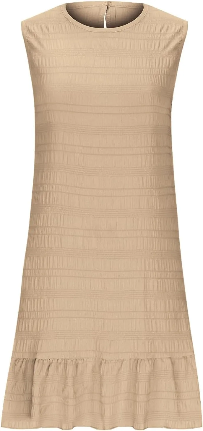 Women's Fashion Textured Tank Dress Summer Sleeveless Keyhole Back Mini Sundress Crewneck Ruffle Boho Swing Dresses