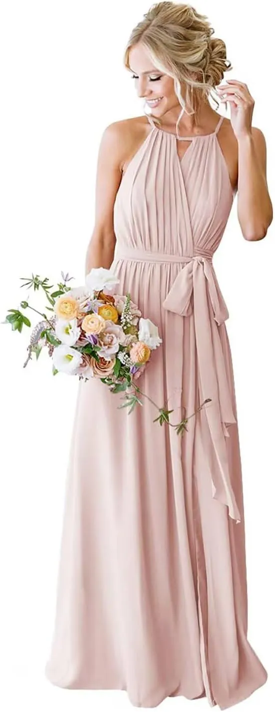 Women's Halter Bridesmaid Dresses Chiffon Long A Line Pleated Formal Evening Dresses IMC031