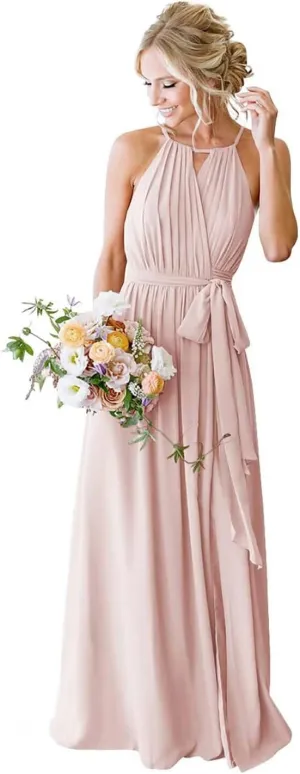 Women's Halter Bridesmaid Dresses Chiffon Long A Line Pleated Formal Evening Dresses IMC031