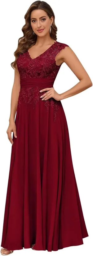 Women's Lace Applique V-Neck Mother of The Bride Dresses for Wedding Sleeveless Chiffon Maxi Evening Dresses