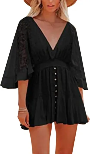 Women's Lace V Neck Mini Dresses Batwing Sleeve Backless Crochet Ruffle Mini Stylish Lace Crochet Short Skirt