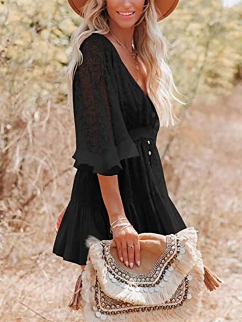 Women's Lace V Neck Mini Dresses Batwing Sleeve Backless Crochet Ruffle Mini Stylish Lace Crochet Short Skirt