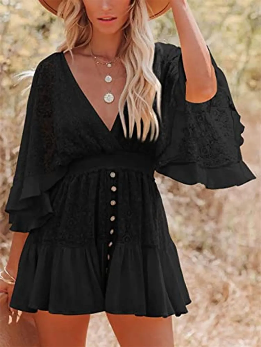 Women's Lace V Neck Mini Dresses Batwing Sleeve Backless Crochet Ruffle Mini Stylish Lace Crochet Short Skirt
