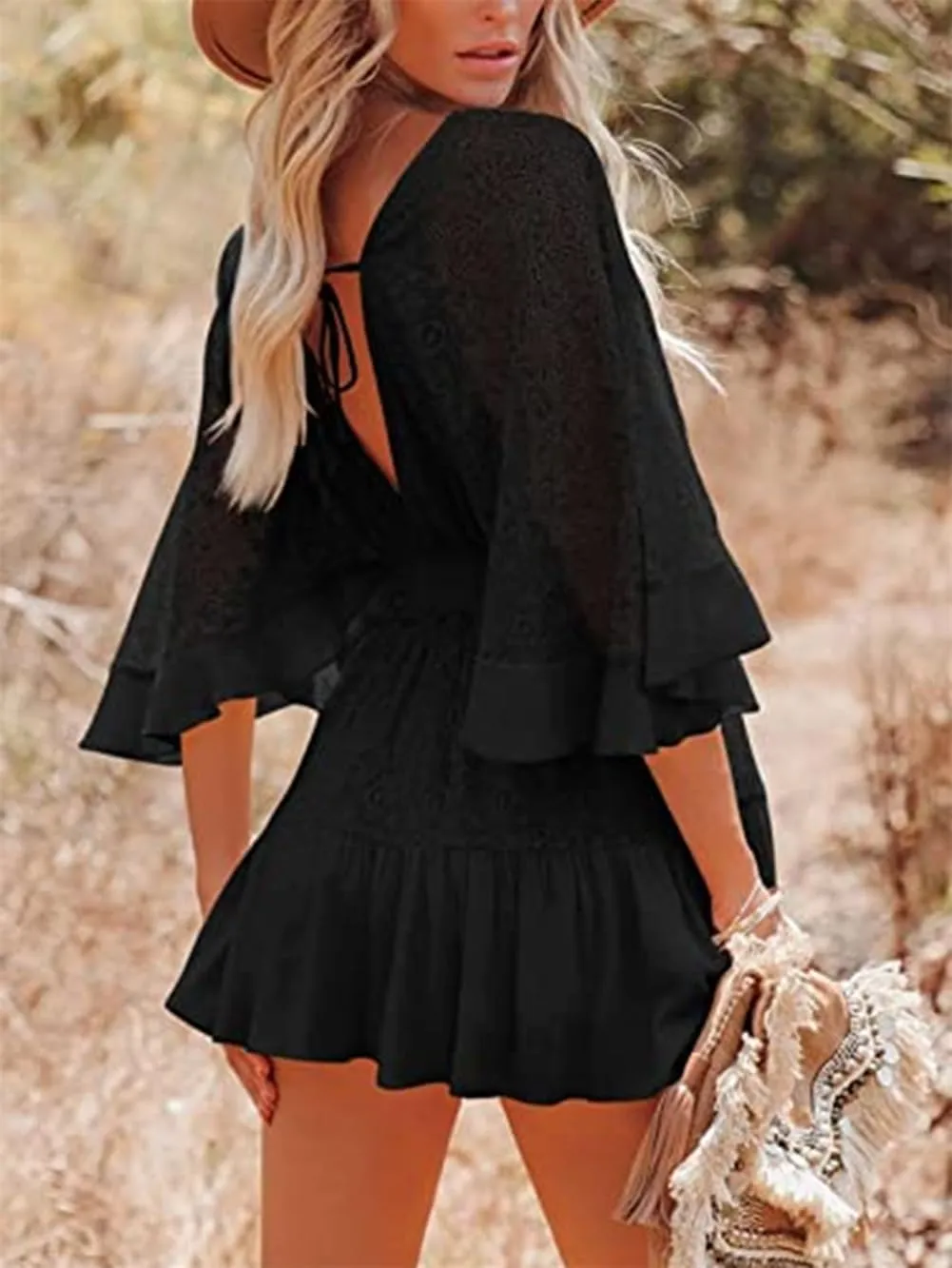 Women's Lace V Neck Mini Dresses Batwing Sleeve Backless Crochet Ruffle Mini Stylish Lace Crochet Short Skirt