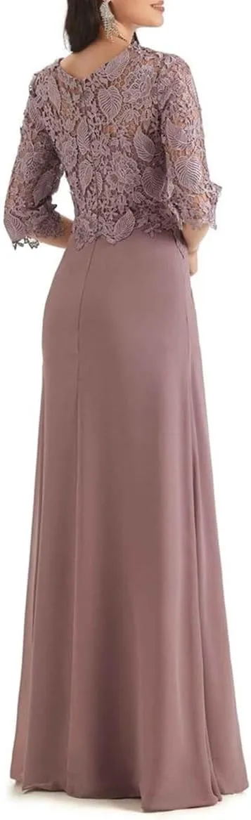 Women's Mother of The Bride Dresses for Wedding Long Formal Dresses with Sleeves Ruched Chiffon Evening Gowns