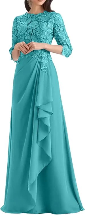 Women's Mother of The Bride Dresses for Wedding Long Formal Dresses with Sleeves Ruched Chiffon Evening Gowns