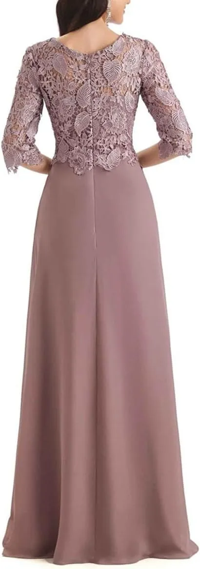 Women's Mother of The Bride Dresses for Wedding Long Formal Dresses with Sleeves Ruched Chiffon Evening Gowns