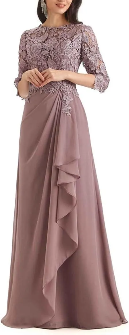 Women's Mother of The Bride Dresses for Wedding Long Formal Dresses with Sleeves Ruched Chiffon Evening Gowns