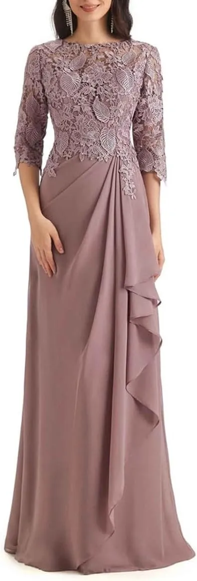 Women's Mother of The Bride Dresses for Wedding Long Formal Dresses with Sleeves Ruched Chiffon Evening Gowns