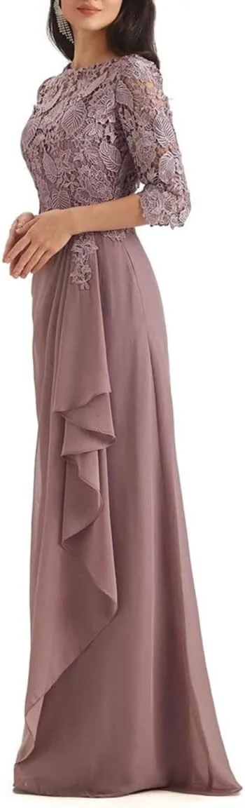 Women's Mother of The Bride Dresses for Wedding Long Formal Dresses with Sleeves Ruched Chiffon Evening Gowns