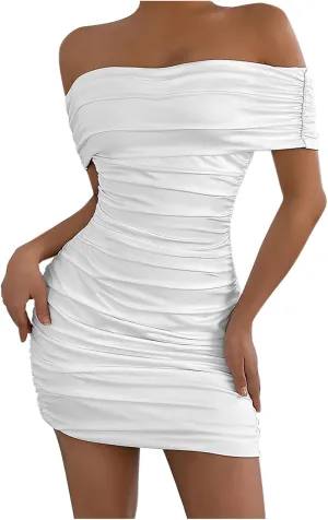 Women's Off-Shoulder Sexy Wrap Dress Summer Pleated Bodycon Short Dresses 2025 Casual Trendy Cocktail Party Mini Dress