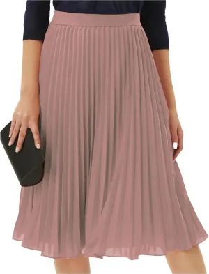Womens Pleated Skirt Elastic High Waist Midi Skirts A Line Casual Flowy Skirts Knee Length Skirt Vacation Clothing