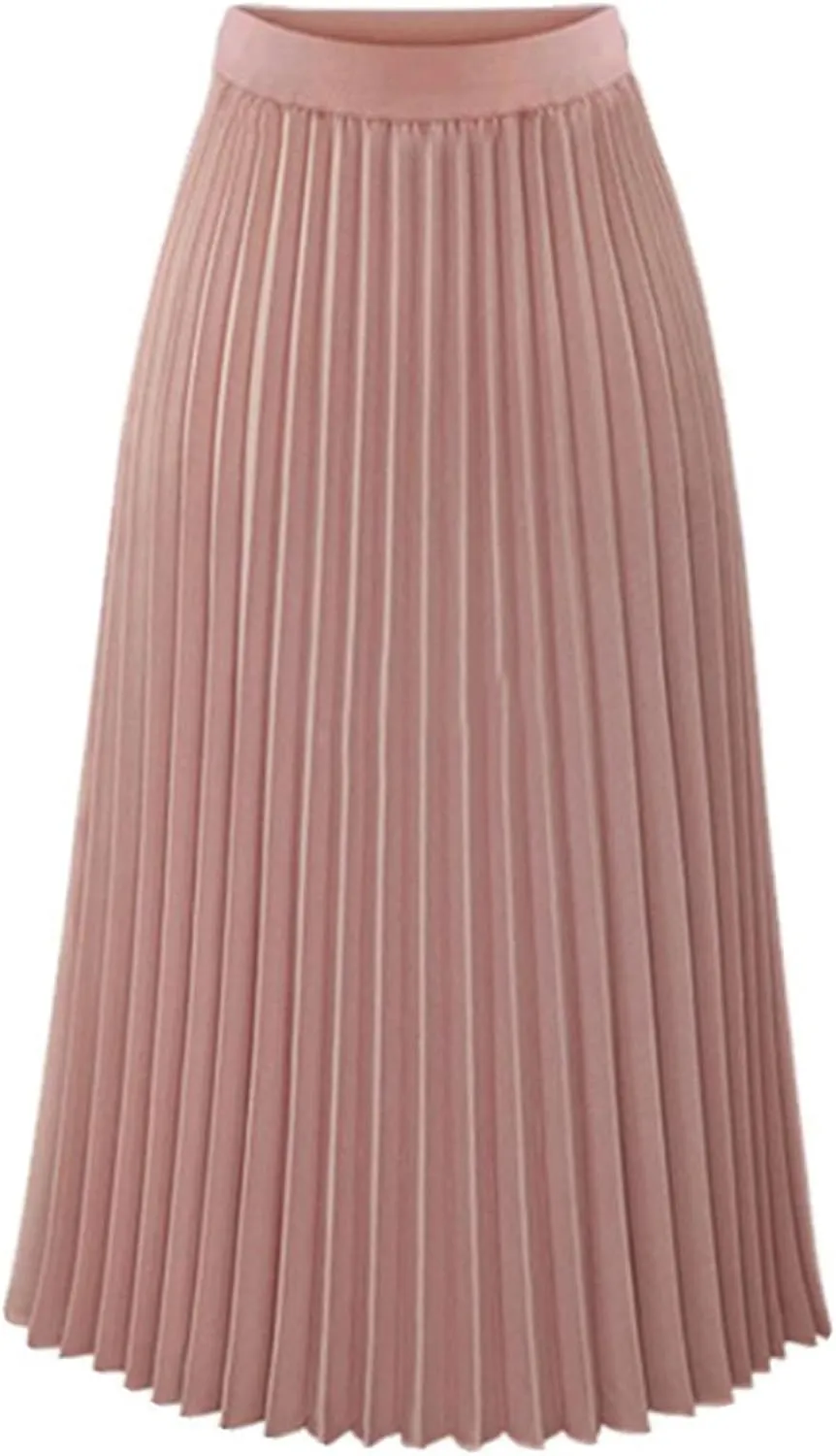 Womens Pleated Skirt Elastic High Waist Midi Skirts A Line Casual Flowy Skirts Knee Length Skirt Vacation Clothing